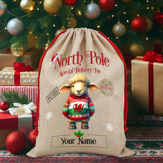 Personalised Welsh Sheep in Wales Christmas Jumper - North Pole Santa Sack