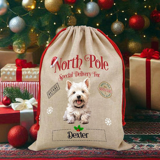 Personalised Dog West highland Terrier– North Pole Special Delivery Santa Sack Pet Gift, by Floppsie Moppsie – floppsiemoppsie at floppsiemoppsie.co.uk