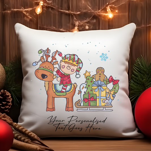 Personalised Whimsical Christmas Elf on Reindeer - Cushion Cover Gift