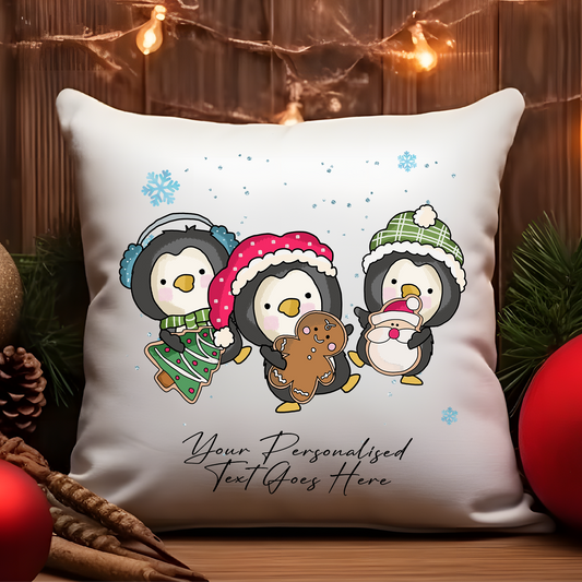 Personalised Whimsical Christmas 3 Penguins - Cushion Cover Gift