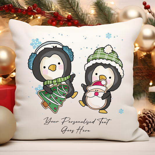 Personalised Whimsical Christmas 2 Penguins - Cushion Cover Gift