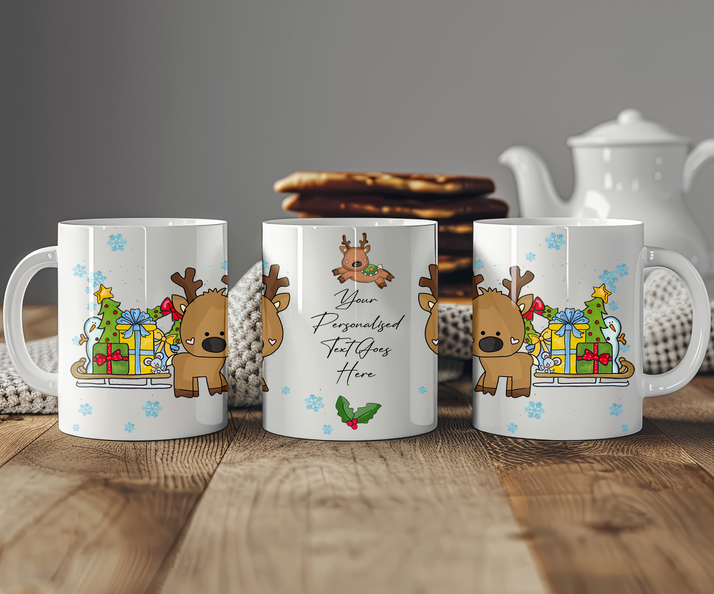 Personalised Whimsical Christmas Reindeer Sleigh Gift Mug