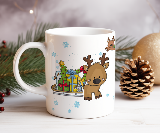 Personalised Whimsical Christmas Reindeer Sleigh Gift Mug