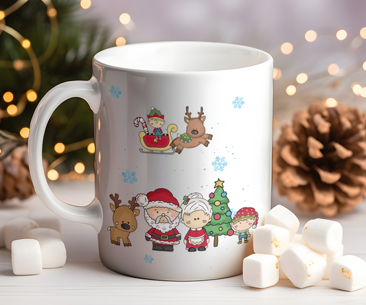 Personalised Whimsical Christmas Mr and Mrs Santa Claus and Elf Gift Mug - Style B