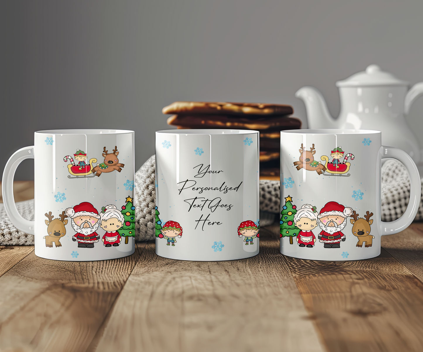 Personalised Whimsical Christmas Mr and Mrs Santa Claus and Elf Gift Mug - Style B