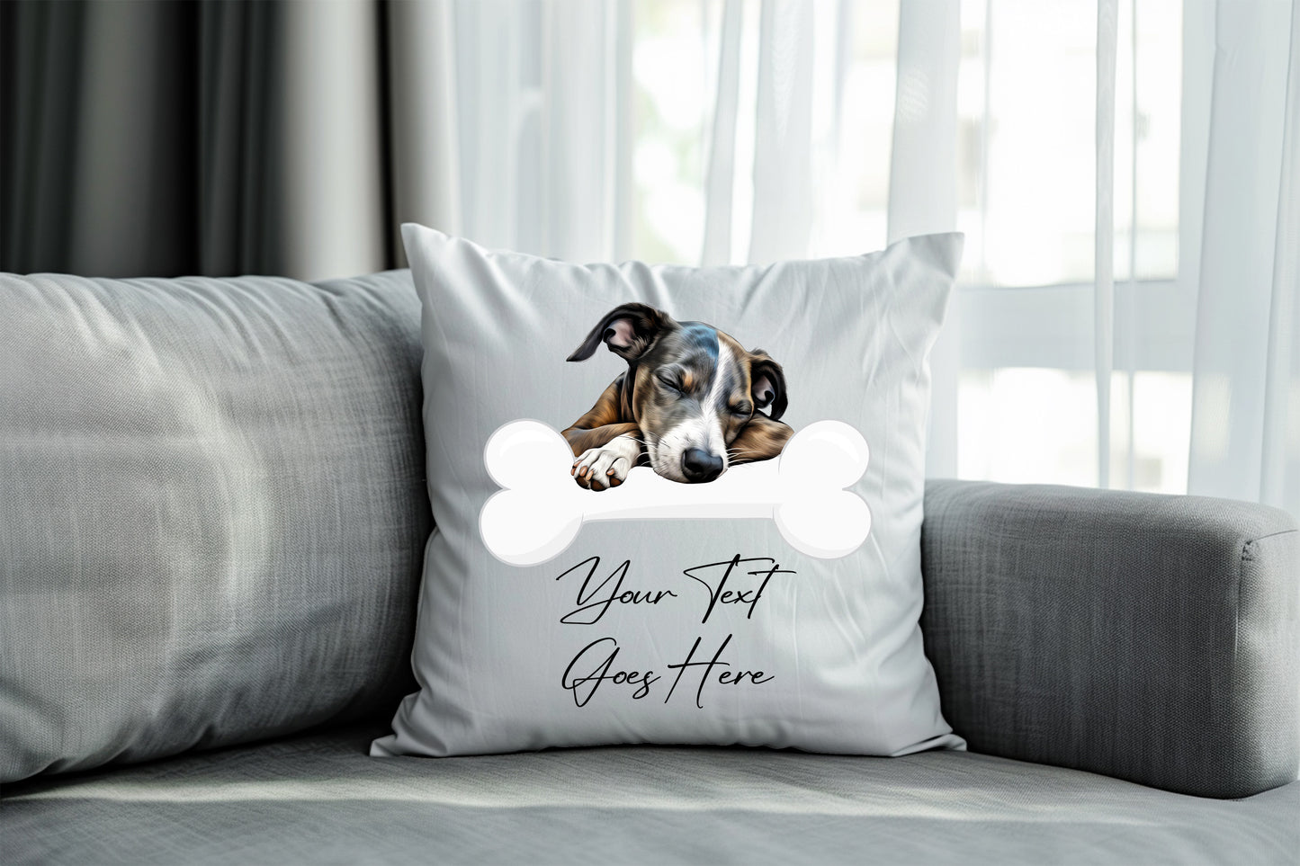 Personalised Whippet sleeping on a bone Pet Dog Keepsake Gift Cushion, by Floppsie Moppsie – floppsiemoppsie at floppsiemoppsie.co.uk