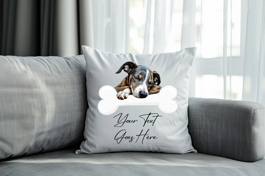Personalised Whippet sleeping on a bone Pet Dog Keepsake Gift Cushion, by Floppsie Moppsie – floppsiemoppsie at floppsiemoppsie.co.uk