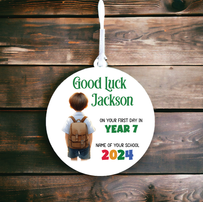 Personalised Back to School Good Luck Hanging Decoration with school child wearing backpack ready for first day of school - Keepsake Gift, by Floppsie Moppsie – floppsiemoppsie at floppsiemoppsie.co.uk