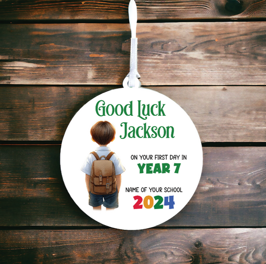 Personalised Back to School Good Luck Hanging Decoration with school child wearing backpack ready for first day of school - Keepsake Gift, by Floppsie Moppsie – floppsiemoppsie at floppsiemoppsie.co.uk