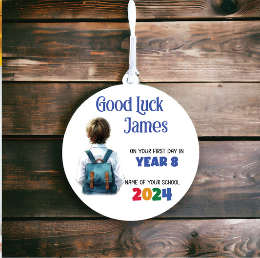 Personalised Back to School Good Luck Hanging Decoration with school child wearing backpack ready for first day of school - Keepsake Gift, by Floppsie Moppsie – floppsiemoppsie at floppsiemoppsie.co.uk