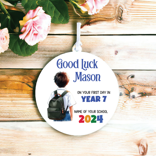 Personalised Back to School Good Luck Hanging Decoration with school child wearing backpack ready for first day of school - Keepsake Gift, by Floppsie Moppsie – floppsiemoppsie at floppsiemoppsie.co.uk