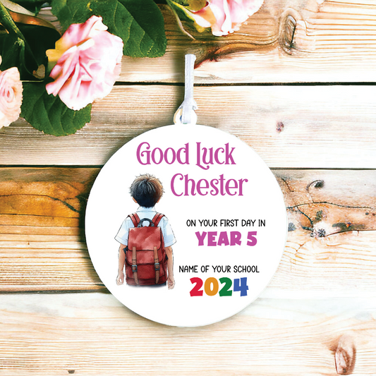 Personalised Back to School Good Luck Hanging Decoration with school child wearing backpack ready for first day of school - Keepsake Gift, by Floppsie Moppsie – floppsiemoppsie at floppsiemoppsie.co.uk