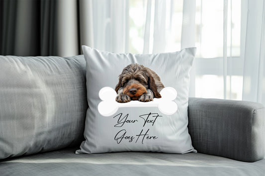 Personalised Wirehaired Pointer Griffon sleeping on a bone Pet Dog Keepsake Gift Cushion, by Floppsie Moppsie – floppsiemoppsie at floppsiemoppsie.co.uk