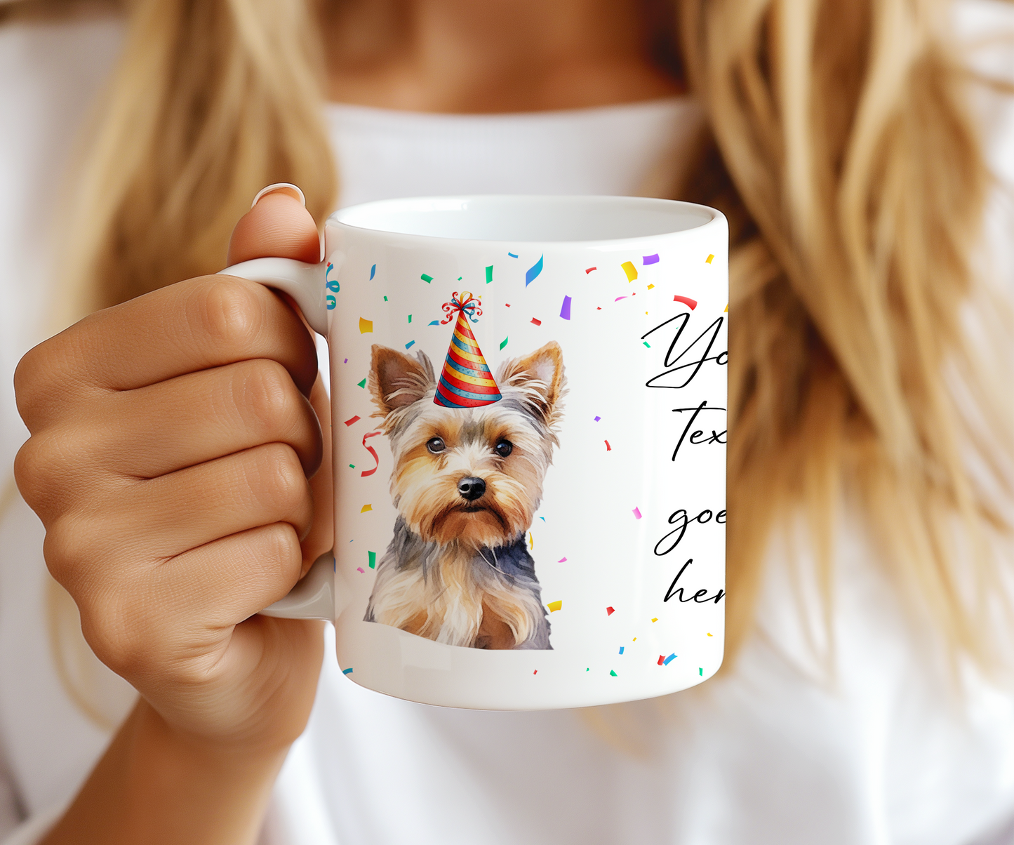 Personalised Dog Gift Mug - Yorkshire Terrier with Birthday Congratulations Party Hat