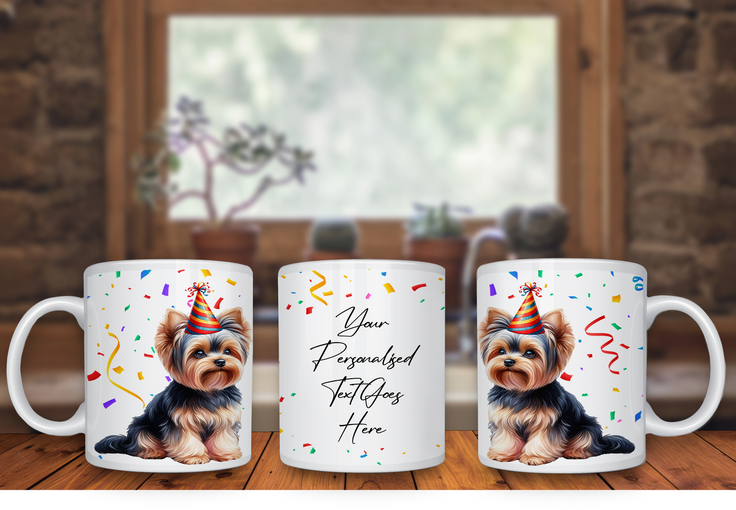 Personalised Dog Gift Mug - Yorkshire Terrier with Birthday Congratulations Party Hat