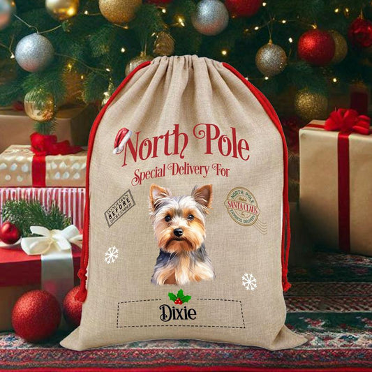 Personalised Dog Yorkshire Terrier– North Pole Special Delivery Santa Sack Pet Gift, by Floppsie Moppsie – floppsiemoppsie at floppsiemoppsie.co.uk