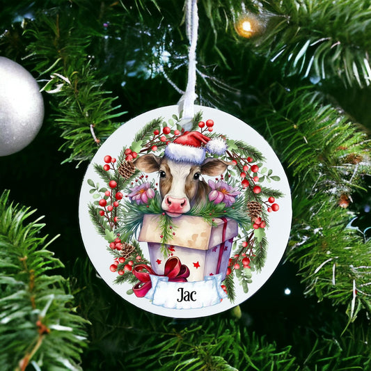 Personalised Cow Out Of Present - Acrylic Bauble Christmas Tree Ornament Decoration Gift Keepsake