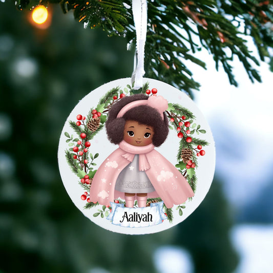 Personalised Cute Child In Pink Coat - Acrylic Bauble Christmas Tree Ornament Decoration Gift Keepsake