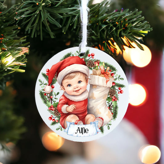 Personalised Cute Child In Red And White Bauble J - Acrylic Bauble Christmas Tree Ornament Decoration Gift Keepsake