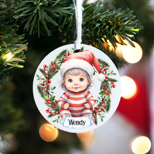 Personalised Cute Child In Red And White Bauble K - Acrylic Bauble Christmas Tree Ornament Decoration Gift Keepsake