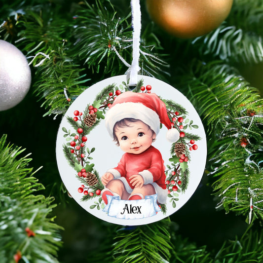 Personalised Cute Child In Red And White Bauble L - Acrylic Bauble Christmas Tree Ornament Decoration Gift Keepsake