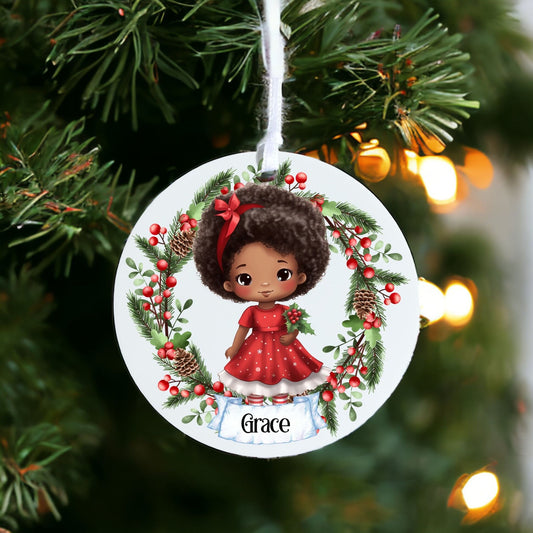 Personalised Cute Child In Red Dress Bauble - Acrylic Bauble Christmas Tree Ornament Decoration Gift Keepsake
