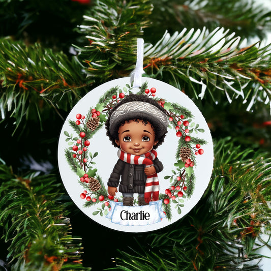 Personalised Cute Child In Black Coat - Acrylic Bauble Christmas Tree Ornament Decoration Gift Keepsake