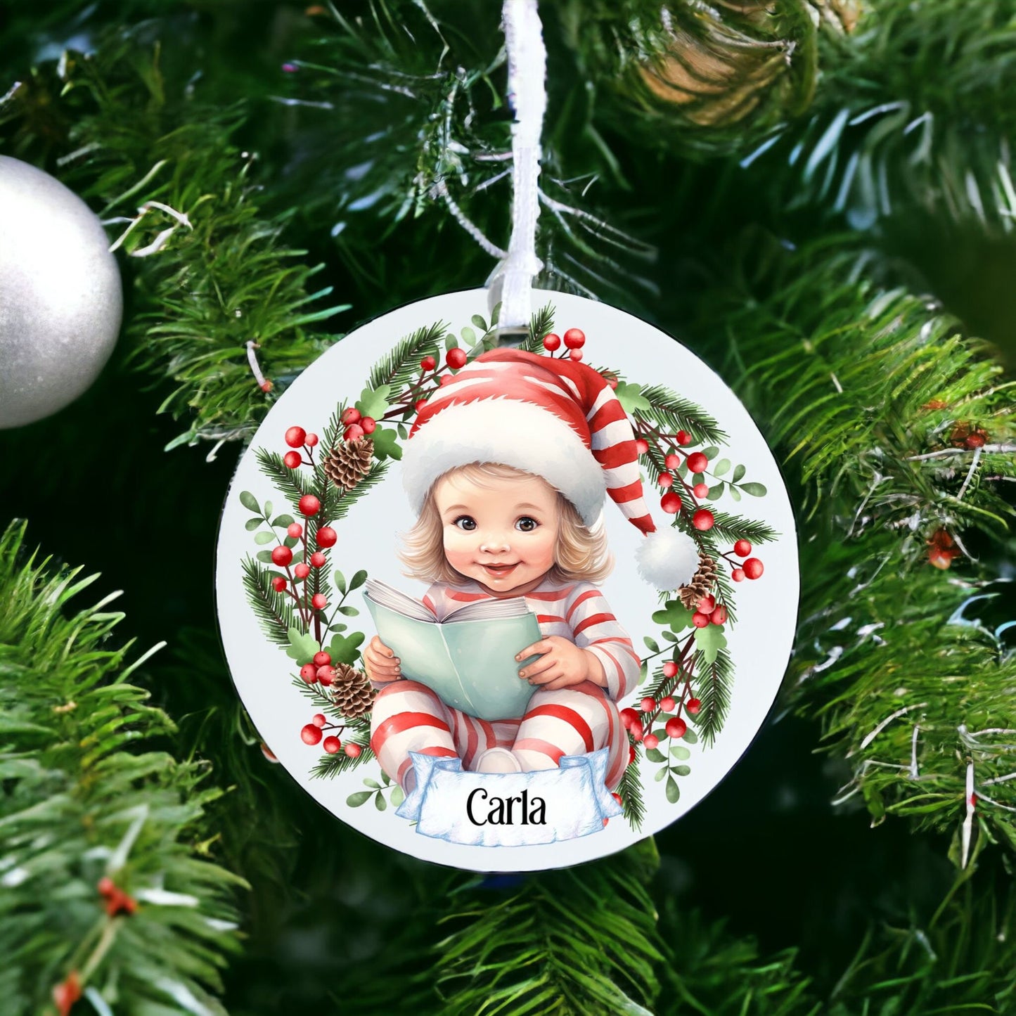 Personalised Cute Child In Red And White Bauble Q - Acrylic Bauble Christmas Tree Ornament Decoration Gift Keepsake