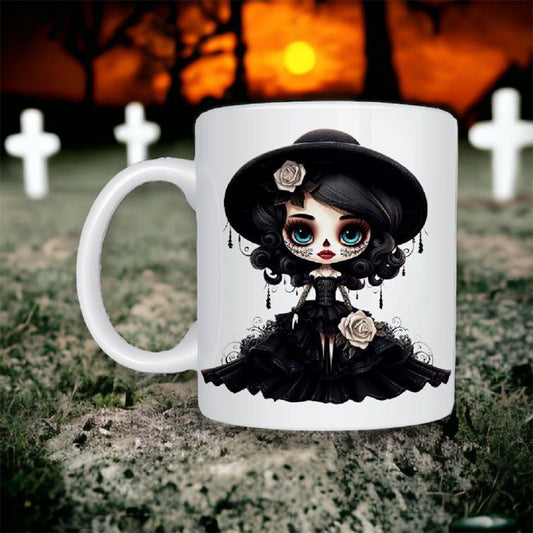 Personalised Mug of Sugar Skull Day of the Dead with Long Black Dress