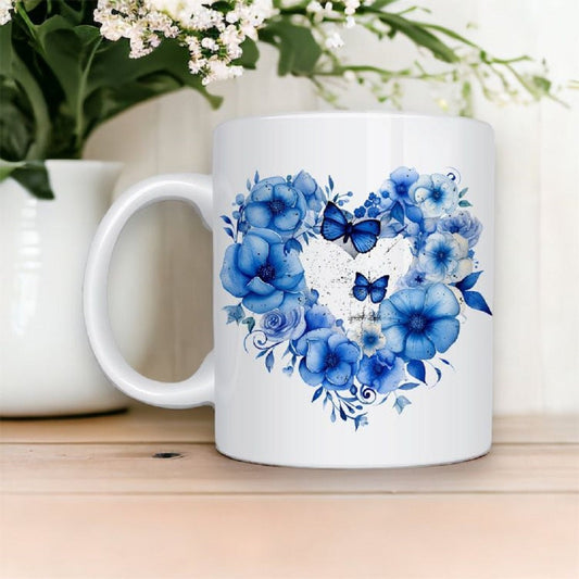 Personalised Blue Floral Heart Wreath Mug