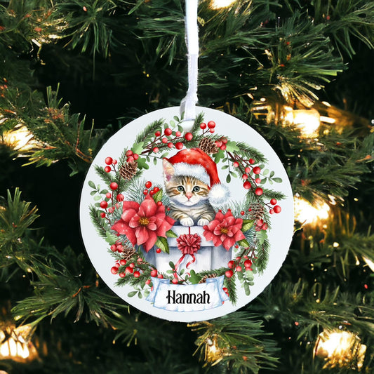 Personalised Kitten Out Of Present - Acrylic Bauble Christmas Tree Ornament Decoration Gift Keepsake