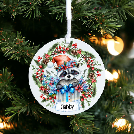 Personalised Racoon Out Of Present - Acrylic Bauble Christmas Tree Ornament Decoration Gift Keepsake