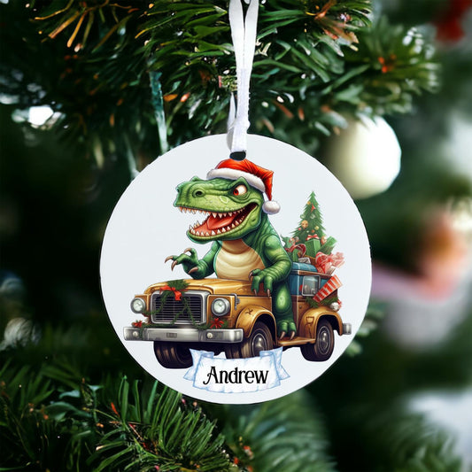 Personalised Christmas T Rex In Truck Bauble - Acrylic Bauble Christmas Tree Ornament Decoration Gift Keepsake