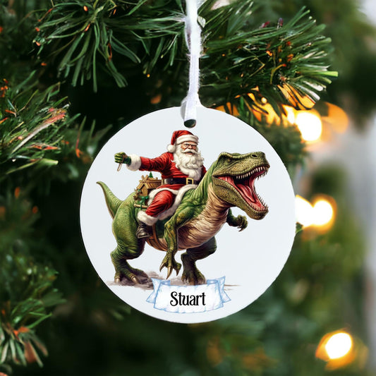 Personalised Santa Riding T Rex Bauble - Acrylic Bauble Christmas Tree Ornament Decoration Gift Keepsake