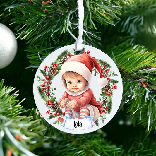 Personalised Cute Child In Red And White Bauble B - Acrylic Bauble Christmas Tree Ornament Decoration Gift Keepsake