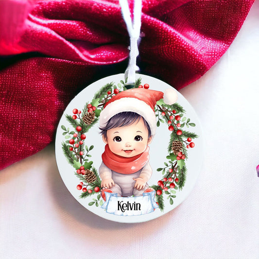 Personalised Cute Child In Red And White Bauble M - Acrylic Bauble Christmas Tree Ornament Decoration Gift Keepsake