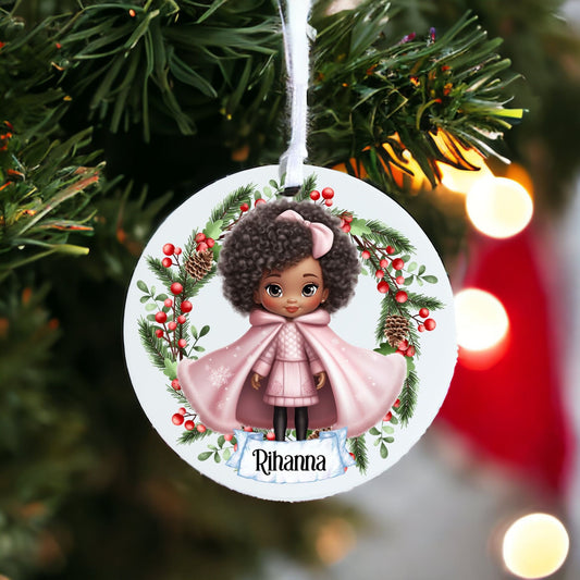 Personalised Cute Child In Pink Coat Bauble C - Acrylic Bauble Christmas Tree Ornament Decoration Gift Keepsake