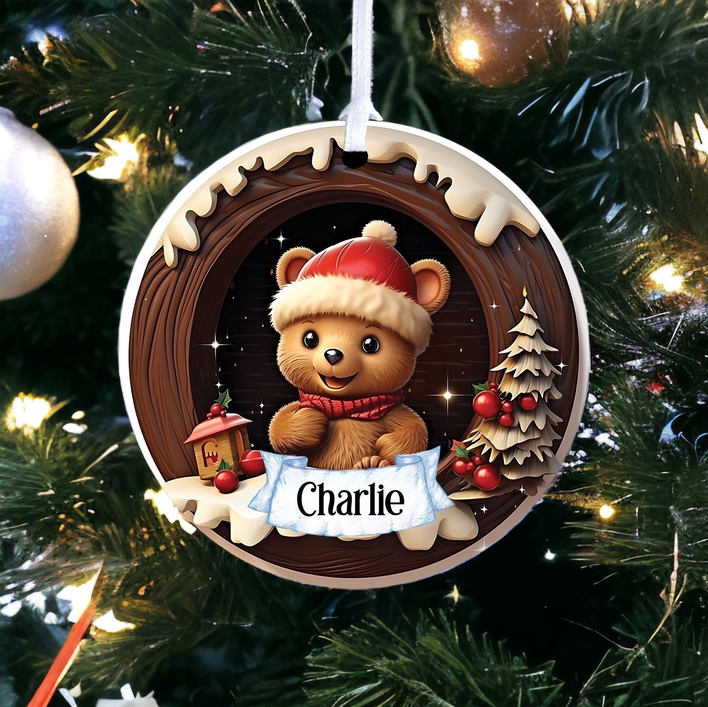 Personalised Teddy Scene - Acrylic Bauble Christmas Tree Ornament Decoration Gift Keepsake