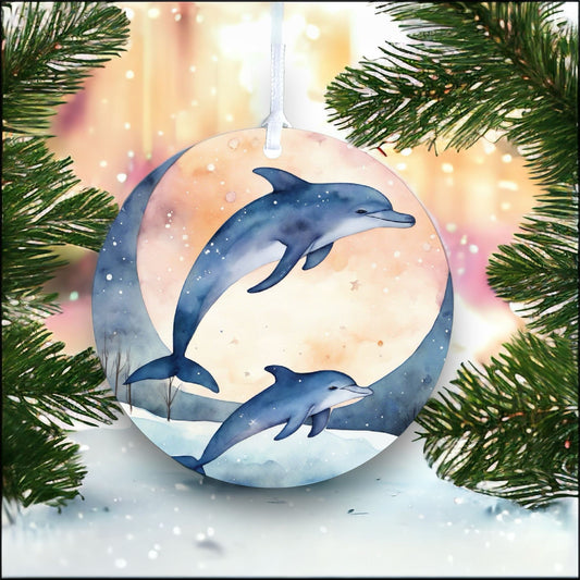 Dolphin Family Winter Starry Night Decoration - Acrylic Bauble Christmas Tree Ornament Gift Keepsake